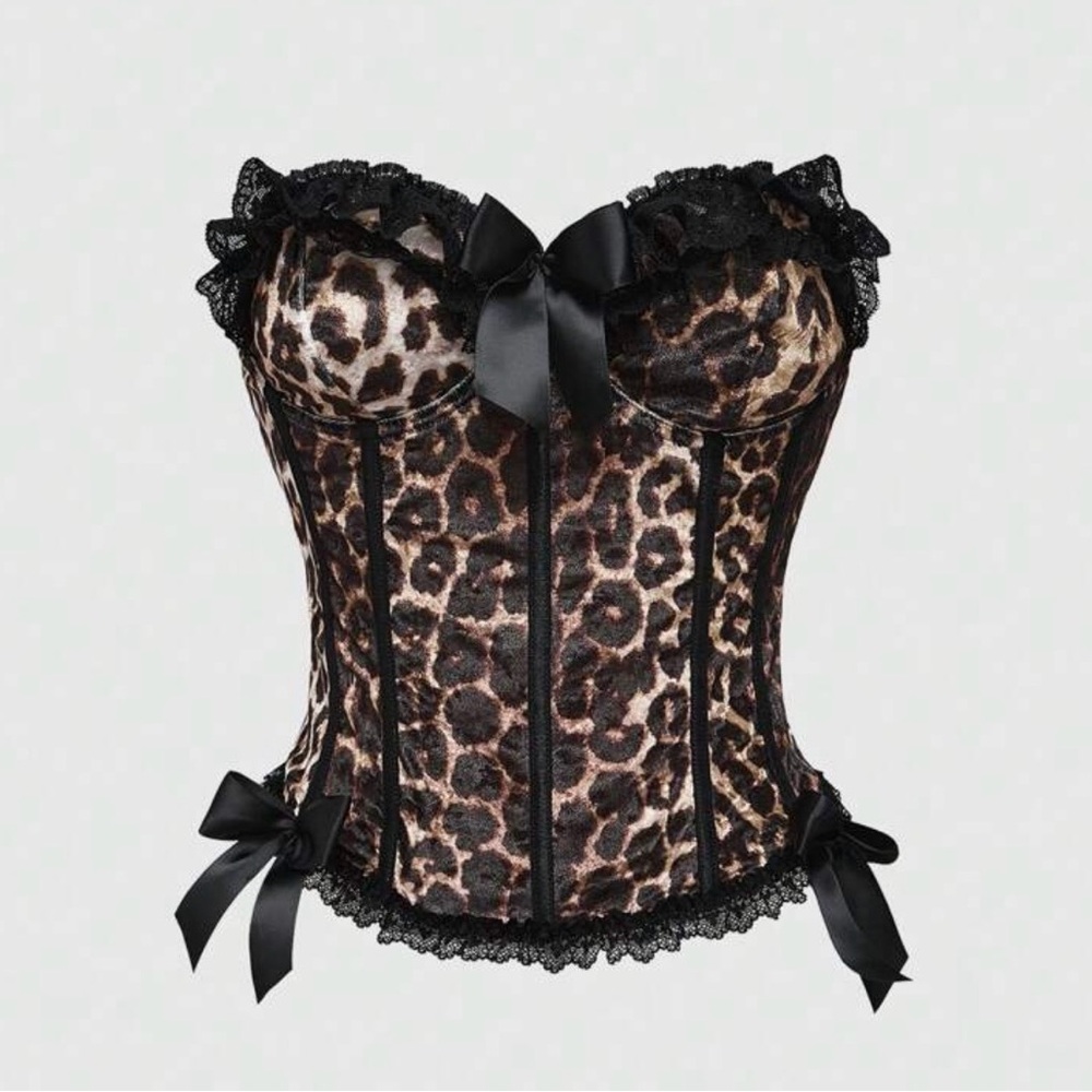 SHEIN Leopard Print Lace-Trim Corset Bustier in Black & Brown